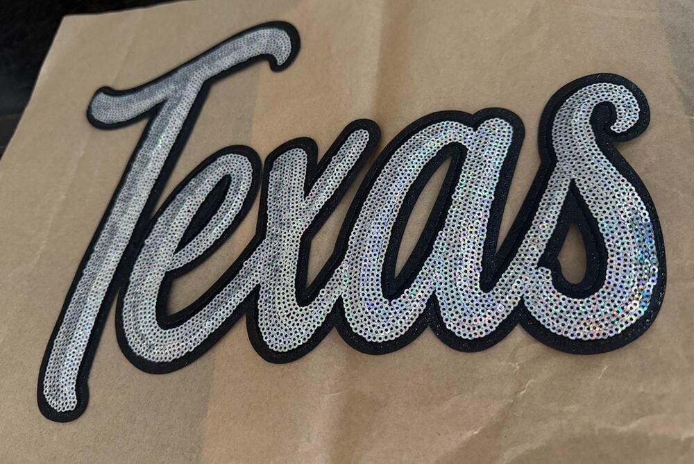 Silver Cursive Texas Sequin Large Patch 11in X 8in Holographic Fall Sports